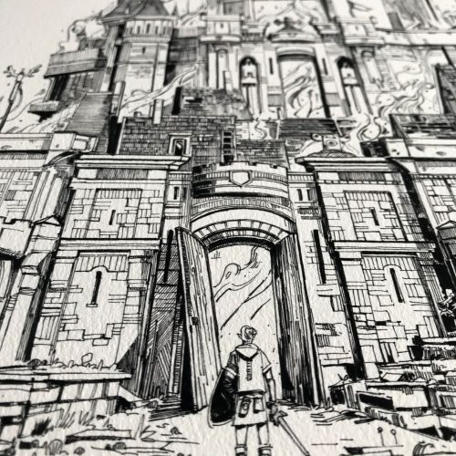 illustration traditionnelle en noir et blanc, chateau