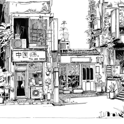 illustration traditionnelle en noir et blanc commerce asiatique