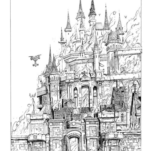 illustration traditionnelle en noir et blanc, chateau